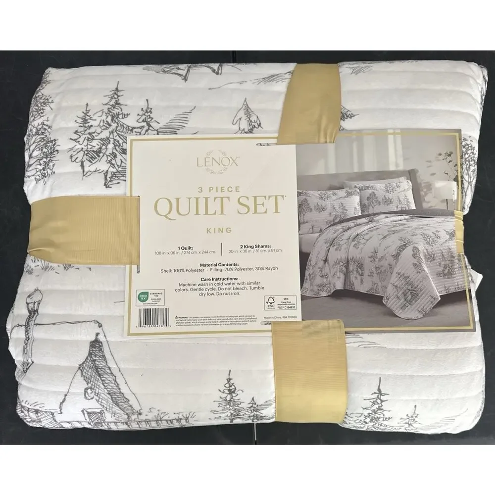 Lenox 3 Piece Quilt Set Full King White Floral All Season Comforter Bedding New